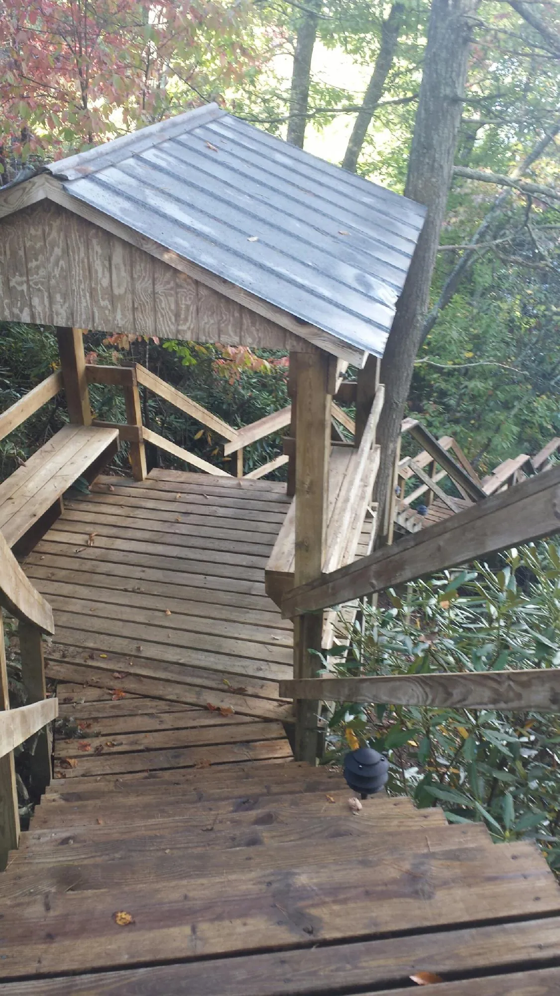 Metal roofed shelter over wooden steps on a wooded walkway — Skylight Repair & Installation work by our crew in Selden